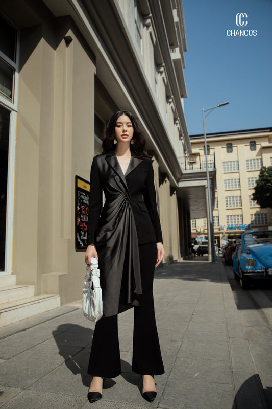 Black Satin Draped Blazer with Asymmetrical Design