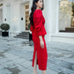 Red Puff Sleeve Blazer Skirt Set