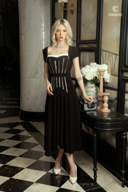 Black Midi Dress with Silver Embellishments and Square Neckline