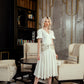 White V-Neck A-Line Midi Dress with Gold Leaf Embellishments