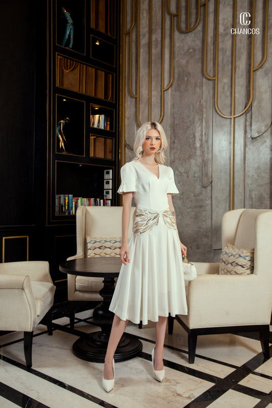 White V-Neck A-Line Midi Dress with Gold Leaf Embellishments