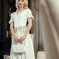 White V-Neck A-Line Midi Dress with Gold Leaf Embellishments