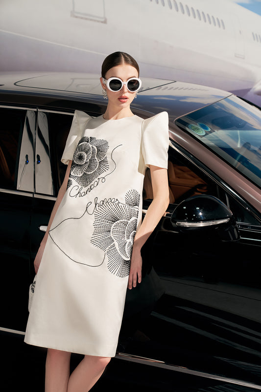 Peaked Shoulder Embroidered A-Line Dress