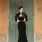 Black Gabardine Fishtail Dress with Embroidered Capelet