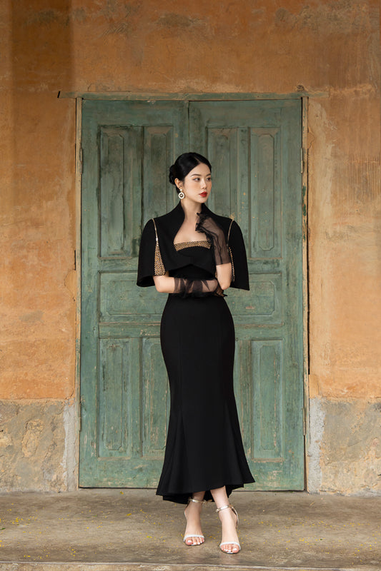 Black Gabardine Fishtail Dress with Embroidered Capelet