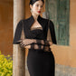 Black Gabardine Fishtail Dress with Embroidered Capelet