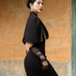 Black Gabardine Fishtail Dress with Embroidered Capelet