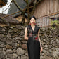 Black Taffeta Midi Dress with Embroidered Bodice