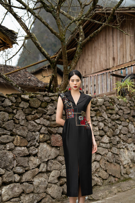 Black Taffeta Midi Dress with Embroidered Bodice