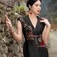 Black Taffeta Midi Dress with Embroidered Bodice