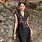 Black Taffeta Midi Dress with Embroidered Bodice
