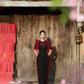 Black Gabardine Midi Dress with Red Embroidered Panels