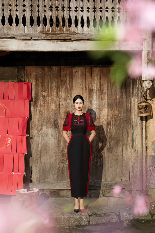 Black Gabardine Midi Dress with Red Embroidered Panels