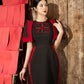 Black Gabardine Midi Dress with Red Embroidered Panels