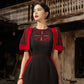 Black Gabardine Midi Dress with Red Embroidered Panels