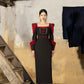 Satin Polyester Silk Dress with Structured Shoulders and Embroidered Bodice