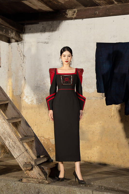 Satin Polyester Silk Dress with Structured Shoulders and Embroidered Bodice