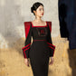 Satin Polyester Silk Dress with Structured Shoulders and Embroidered Bodice