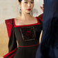 Satin Polyester Silk Dress with Structured Shoulders and Embroidered Bodice