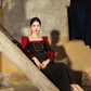 Satin Polyester Silk Dress with Structured Shoulders and Embroidered Bodice