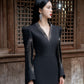 Silk Twill Midi Dress with Dramatic Sleeves and Embroidery