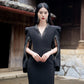 Silk Twill Midi Dress with Dramatic Sleeves and Embroidery