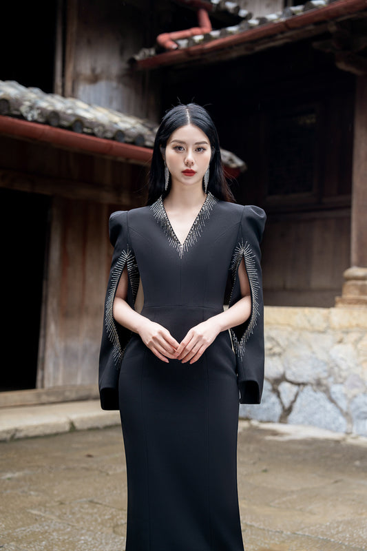 Silk Twill Midi Dress with Dramatic Sleeves and Embroidery