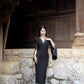 Silk Twill Midi Dress with Dramatic Sleeves and Embroidery
