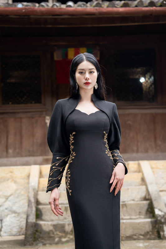 Panama Polyester Midi Dress with Embroidered Sleeves and Waist