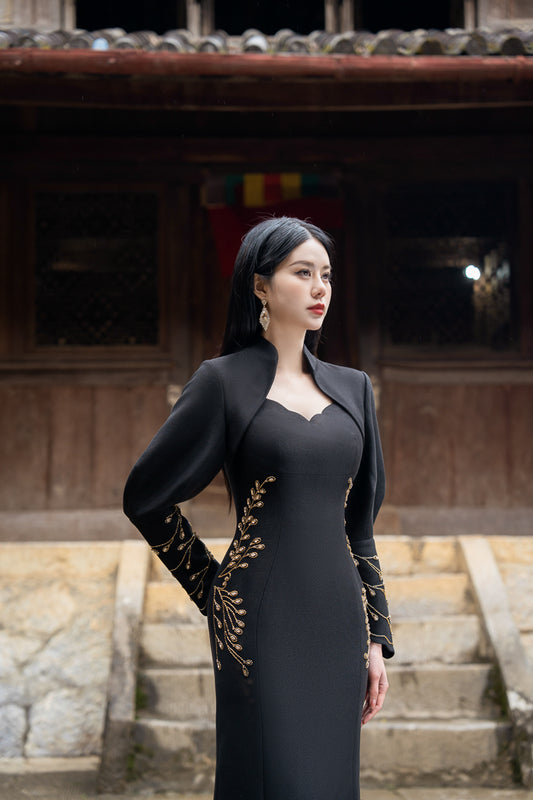 Panama Polyester Midi Dress with Embroidered Sleeves and Waist