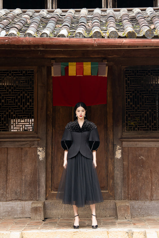 Black Embellished Cape Jacket with Tulle Skirt