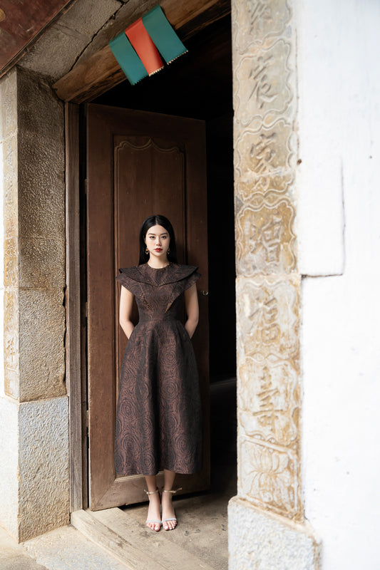 Rose Taffeta A-Line Dress with Structured Shoulders
