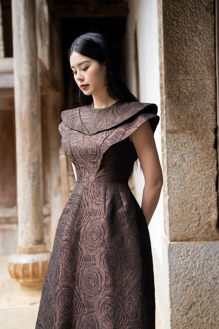 Rose Taffeta A-Line Dress with Structured Shoulders