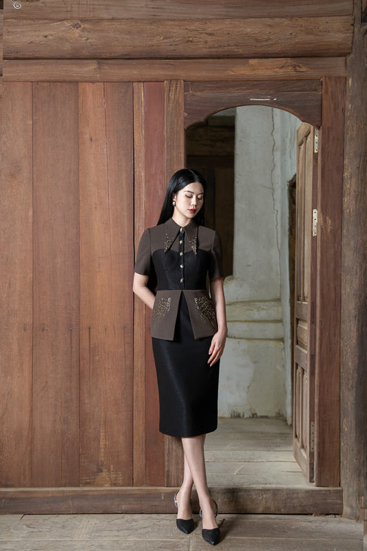 Gabardine Midi Dress with Embroidered Peplum Waist