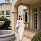 Metallic Taffeta Midi Dress with Embroidered Floral Design