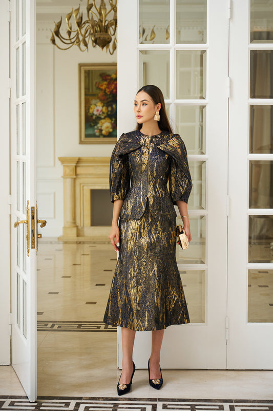 Jacquard Brocade Skirt and Blouse Set with Bow Detail