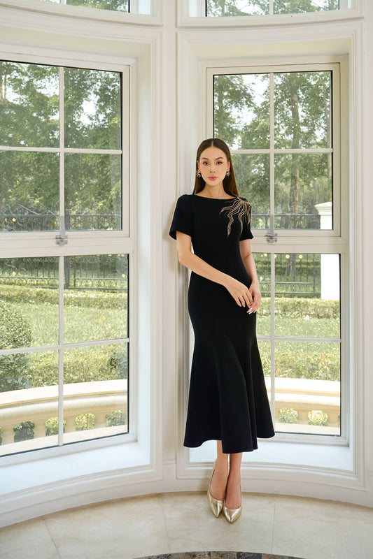 Le SoLeil Twill Embroidered Flared Midi Dress