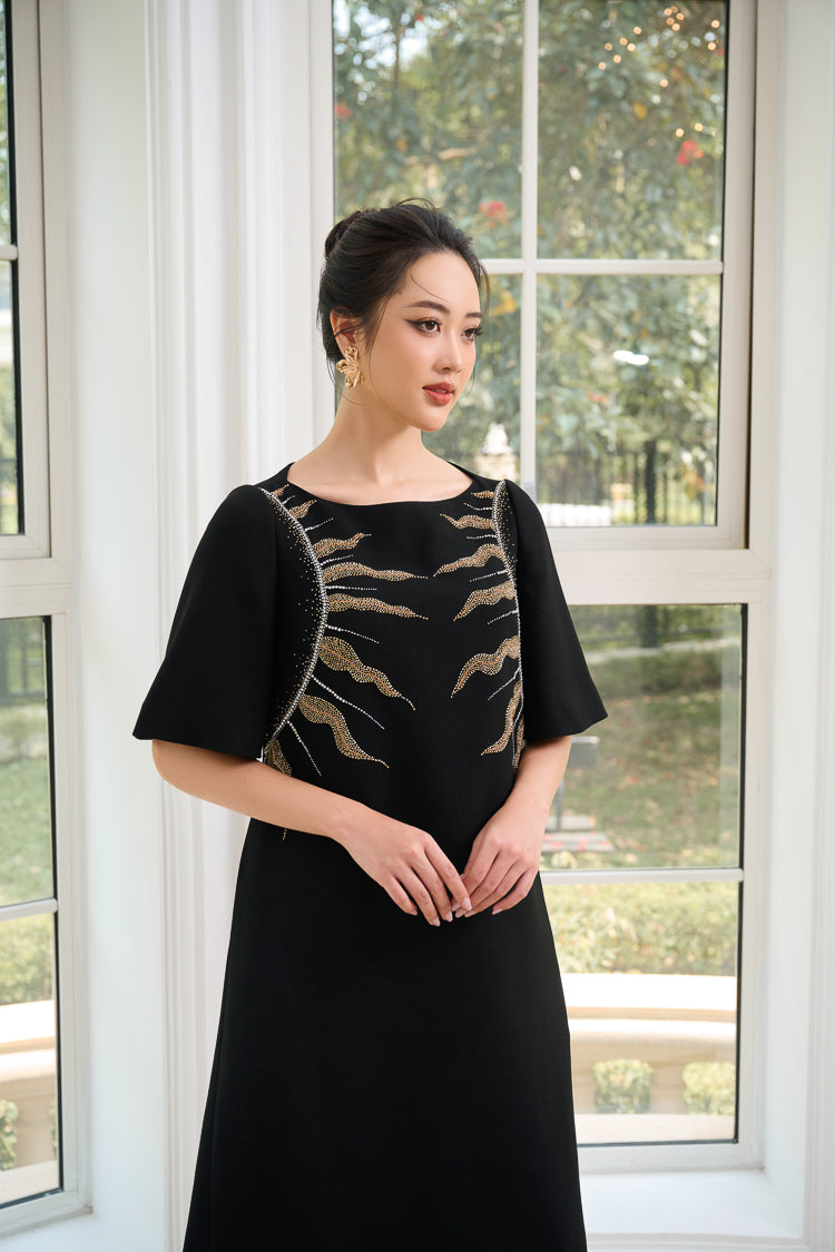Le SoLeil Gabardine A-Line Dress with Embroidered Detail