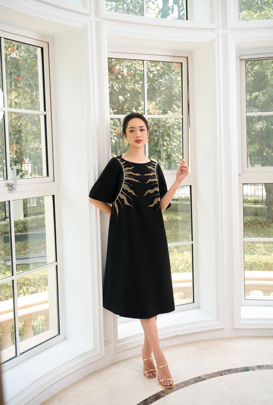 Le SoLeil Gabardine A-Line Dress with Embroidered Detail