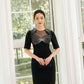Le SoLeil Gabardine Dress with Mesh Yoke and Embroidered Detail