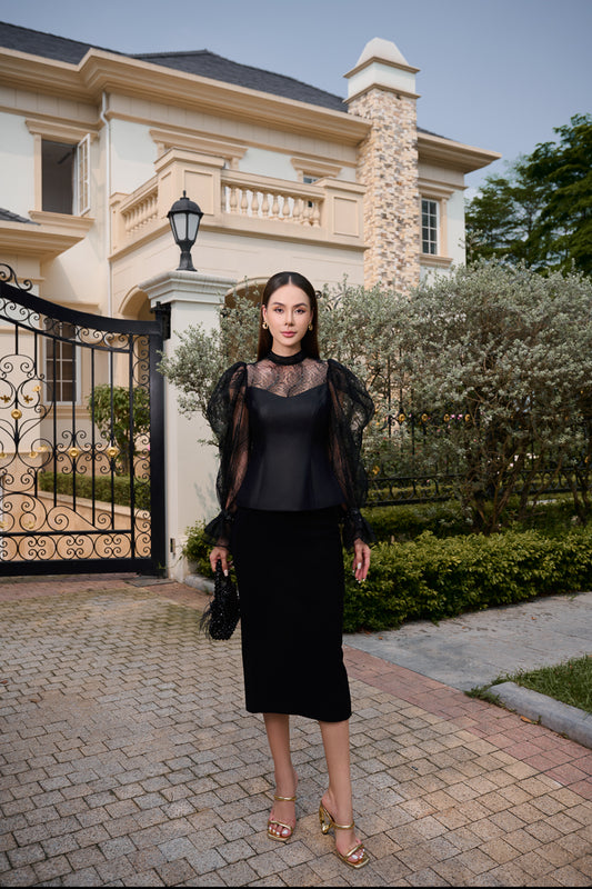 Le SoLeil Leather-Faced Taffeta and lace Blouse