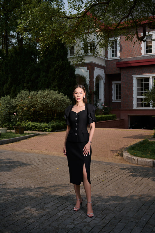 Le SoLeil Gabardine and Silk Peplum Dress with RuffLe SLeeves