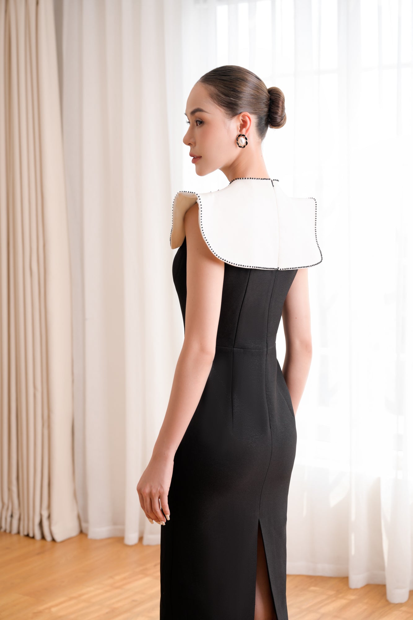 Black Midi Dress with Embellished White Collar
