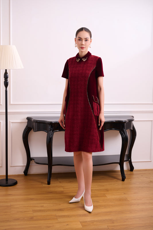 Chic Burgundy A-Line Dress with Velvet Accents and Embellished Collar