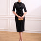 Black Lace and Velvet Button-Down Midi Dress
