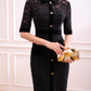 Black Lace and Velvet Button-Down Midi Dress