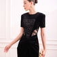 Black Velvet Dress with Lace Panel and Draped Detail