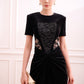 Black Velvet Dress with Lace Panel and Draped Detail