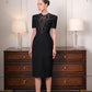 Gabardine & Lace Black Midi Dress with Sheer Lace Panel