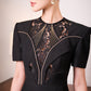 Gabardine & Lace Black Midi Dress with Sheer Lace Panel